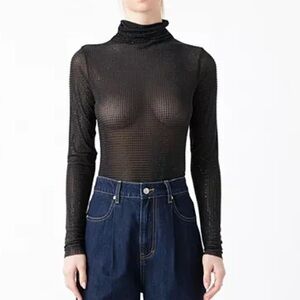 Grey Lab Rhinestone Black Mesh Bodysuit Size XS (stretchy) NWT